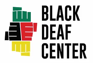 Logo on left has 4 fists colored green, black, red, yellow with words Black Deaf Center on right